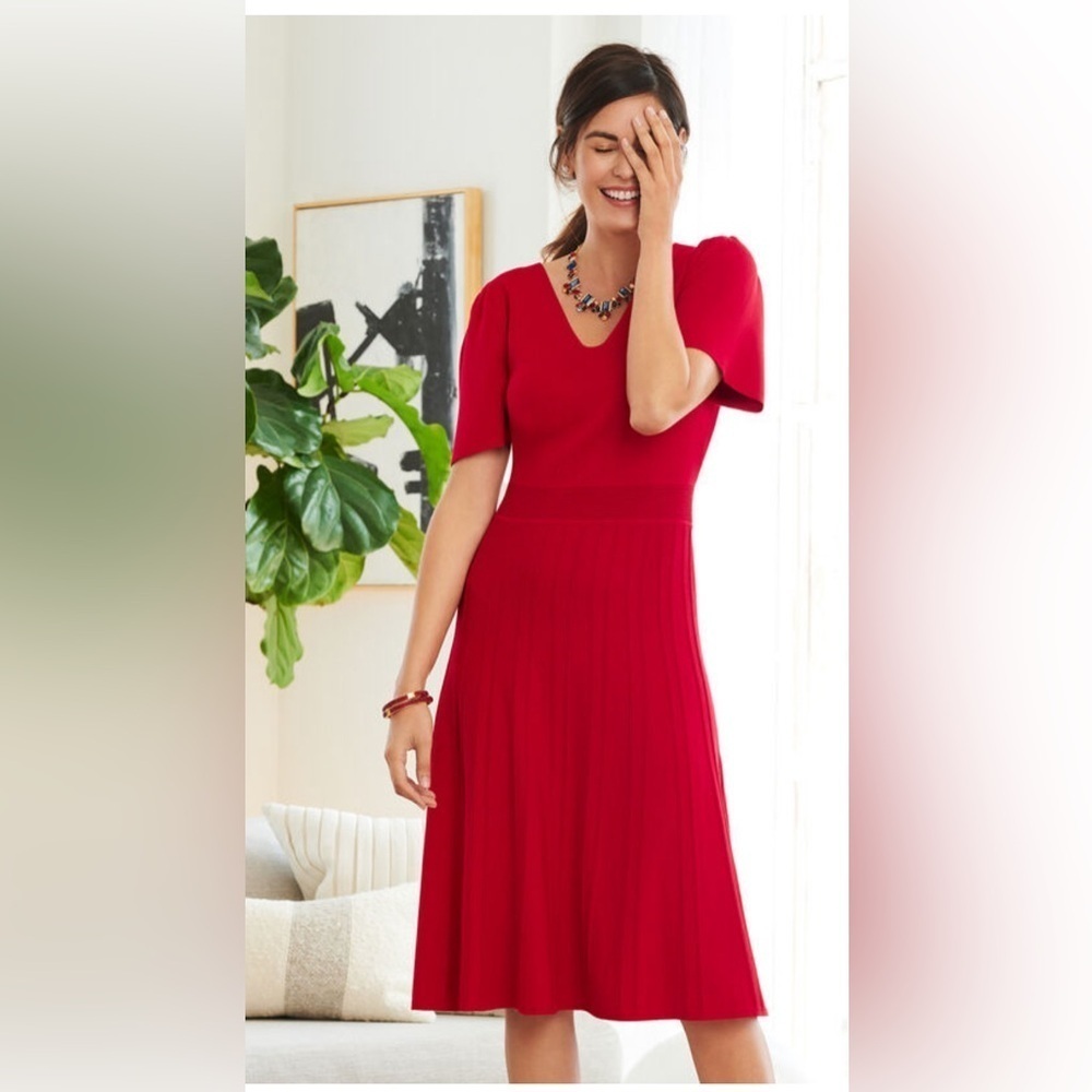 Talbots Size XS Red Pleated Flutter Sleeve Fit and Flare Knit Dress NEW! - Picture 2 of 6